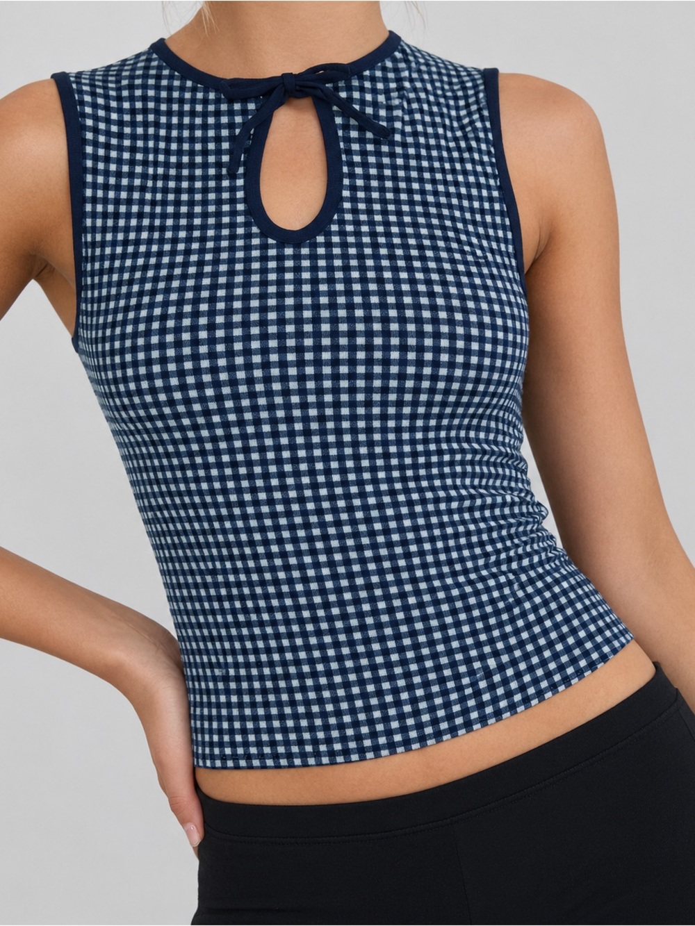 Navy Gingham Keyhole Tie Sleeveless Tank